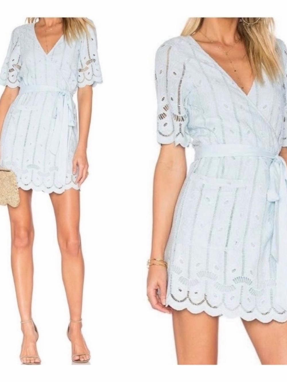 NWT Tularosa Revolve Rocky  Light Blue Eyelet Wrap Mini Dress with Tie Waist